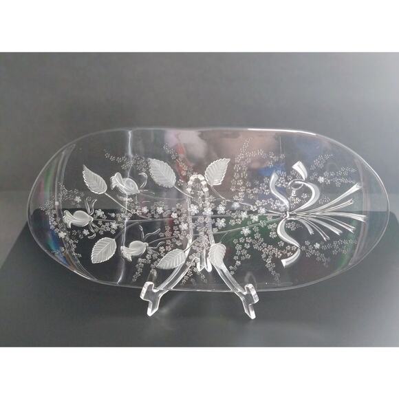 Fleur by William Fraser Oval Glass Canape Tray Etched Floral 15.75" - Picture 3 of 10